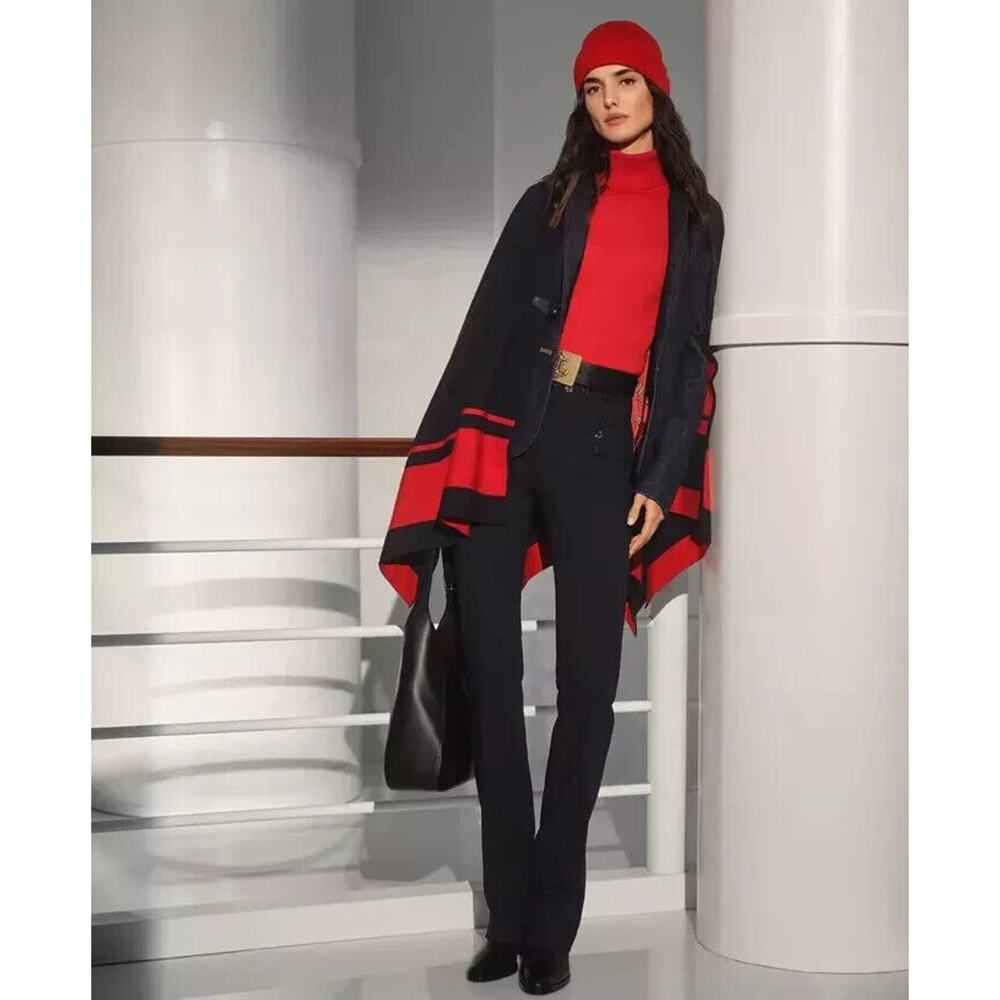 Lauren Ralph Lauren Intarsia Knit Two Tone Poncho Navy Blue Red Toggle Sz L/XL - Picture 16 of 16